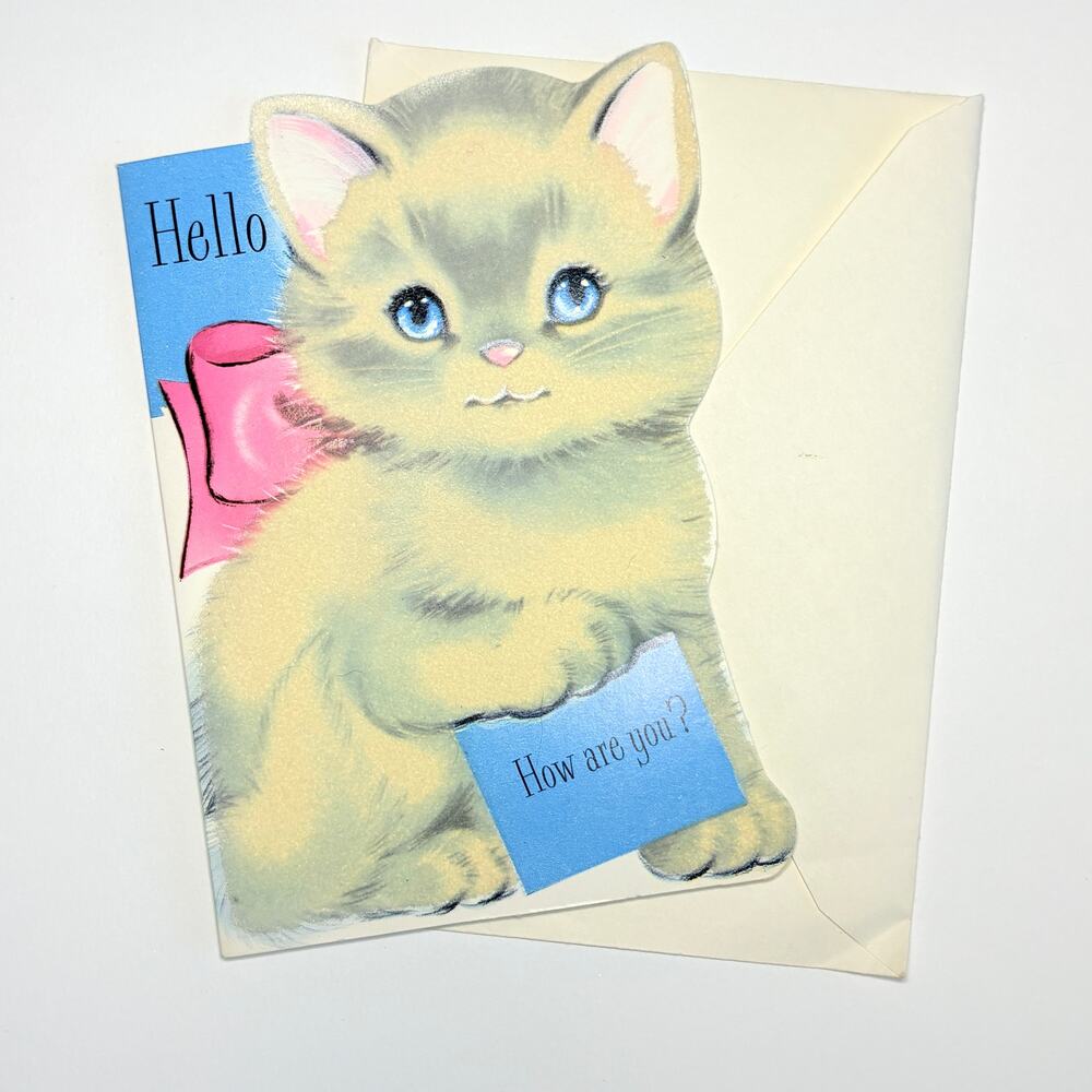 1970’s Norcross Flocked Greeting Card Cat Kitten How Are You? Snowball Unused